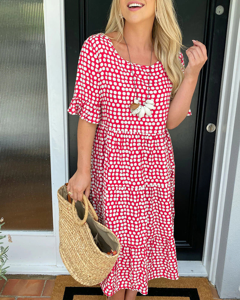 EveCharm – Polka Dot Round Neck Midi Dress