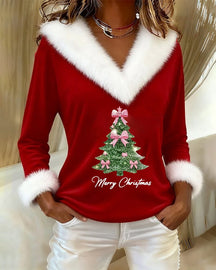 FrostLuxe – Large Fur Collar Christmas Print Top