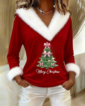 FrostLuxe – Large Fur Collar Christmas Print Top