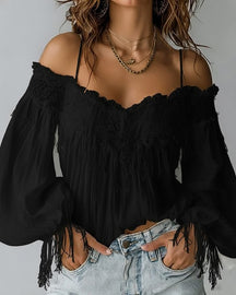 GlowCharm Blouse – Tassel Back Elegance