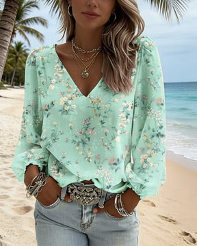 LunaPuff Chic – V-Neck Casual Blouse