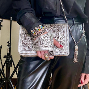 LuxeBlossom – Silver Flower Dance Western Style Clutch