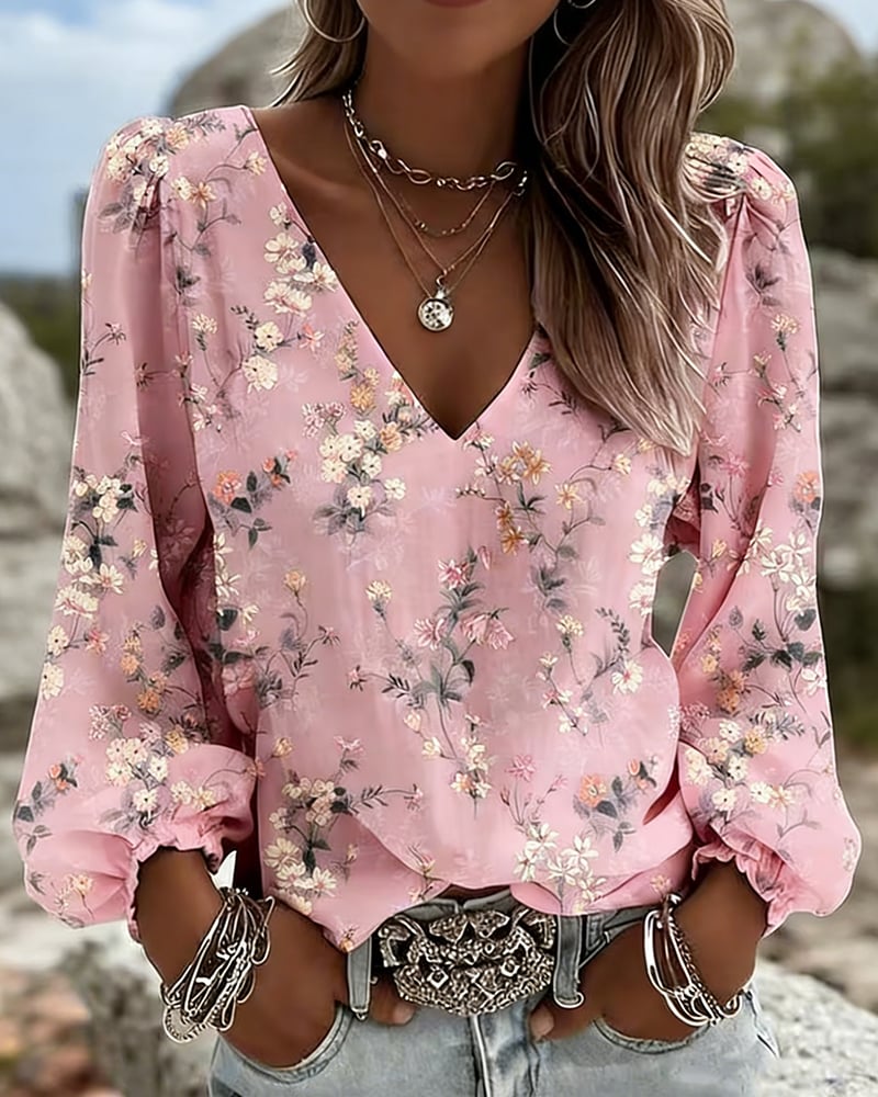 LunaPuff Chic – V-Neck Casual Blouse
