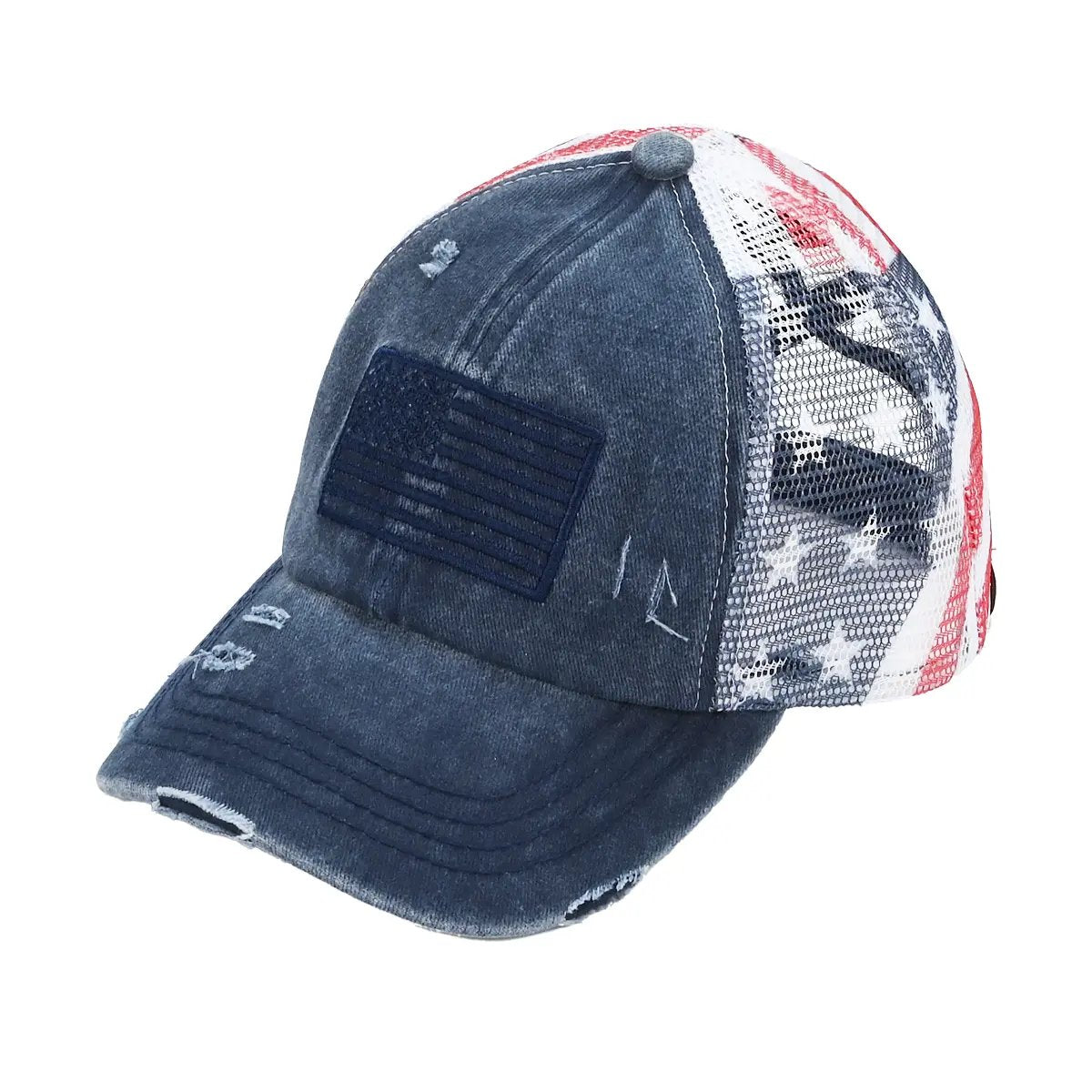 VistaCap – Multi-Level Criss-Cross American Flag Trucker Hat