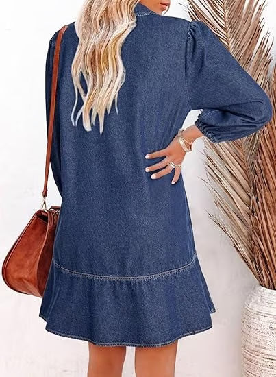 Deniva | Elegant V-Neck Denim Dress