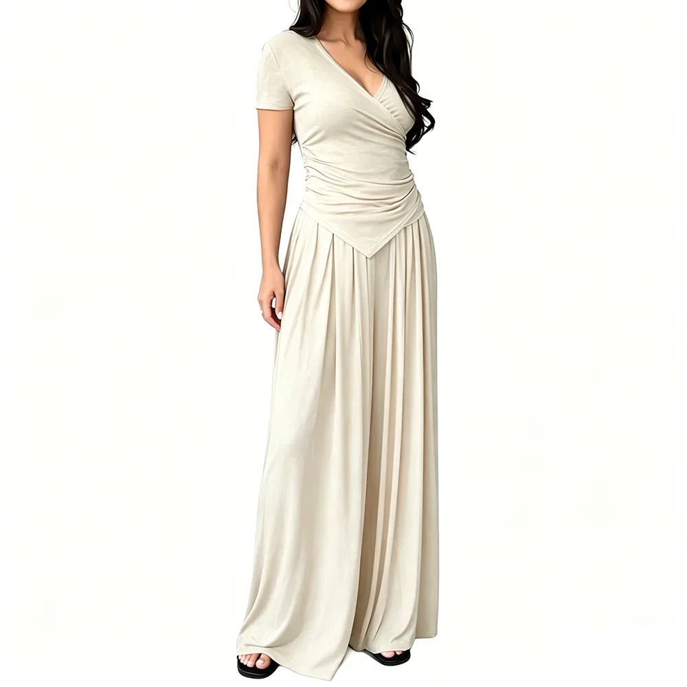 MaisonLuxe – Sophisticated Wrap Top & Wide Leg Pants Set
