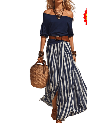 StripeLuxe – Striped Maxi Skirt Set with Belt