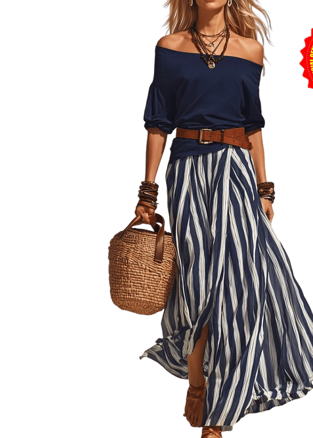 StripeLuxe – Striped Maxi Skirt Set with Belt
