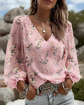 LunaPuff Chic – V-Neck Casual Blouse