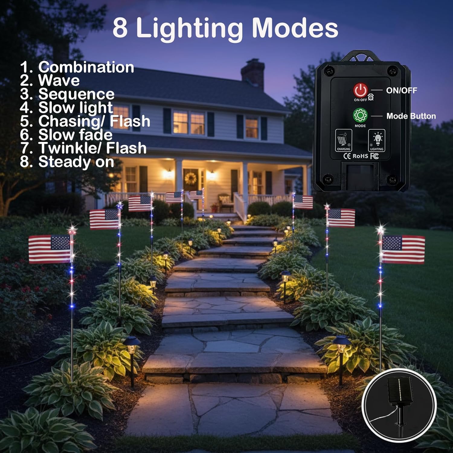 8 Solar American Flag Pathway Lights – Red, White & Blue Yard Glow