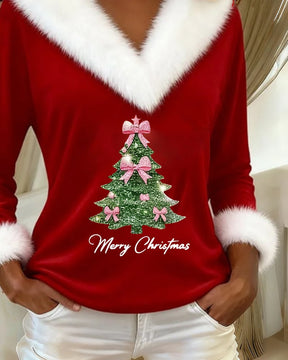 FrostLuxe – Large Fur Collar Christmas Print Top