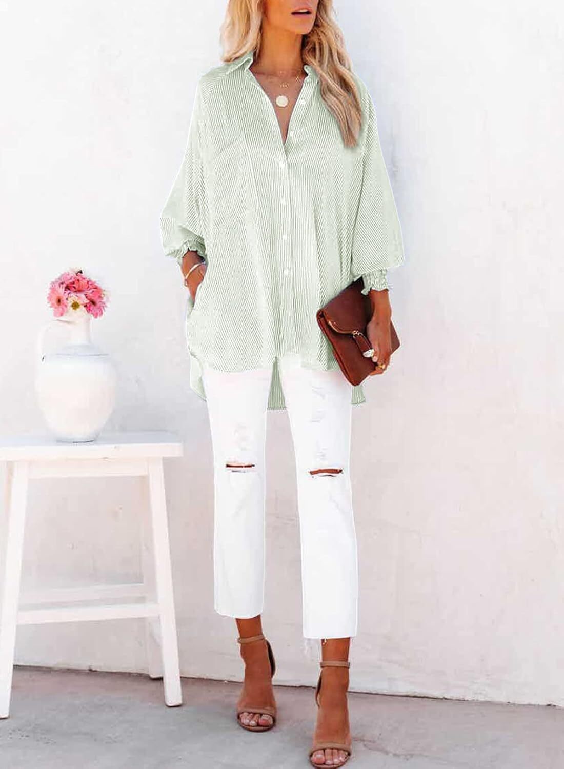 🔥2026 Clearance Item🔥Women's pleated cuffs striped shirt with pockets and casual collar