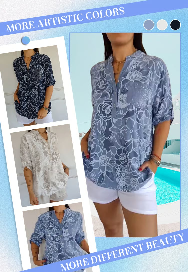 PrintLuxe – V-Neck Button-Down Printed Blouse