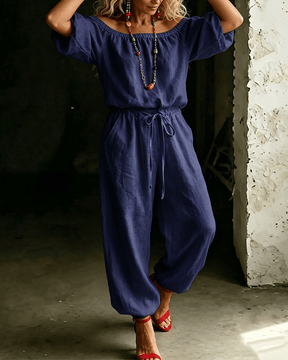 LuxeSilhouette – Off-Shoulder Tie Waist Jumpsuit