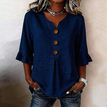 SoftDrape - Feminine V-Neck Flared Sleeve Denim Blouse