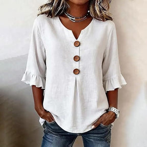 SoftDrape - Feminine V-Neck Flared Sleeve Denim Blouse