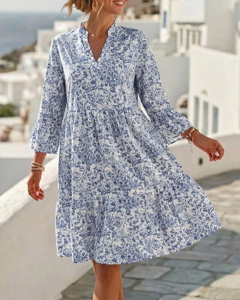 BloomLayer – Floral Tiered V-Neck Dress