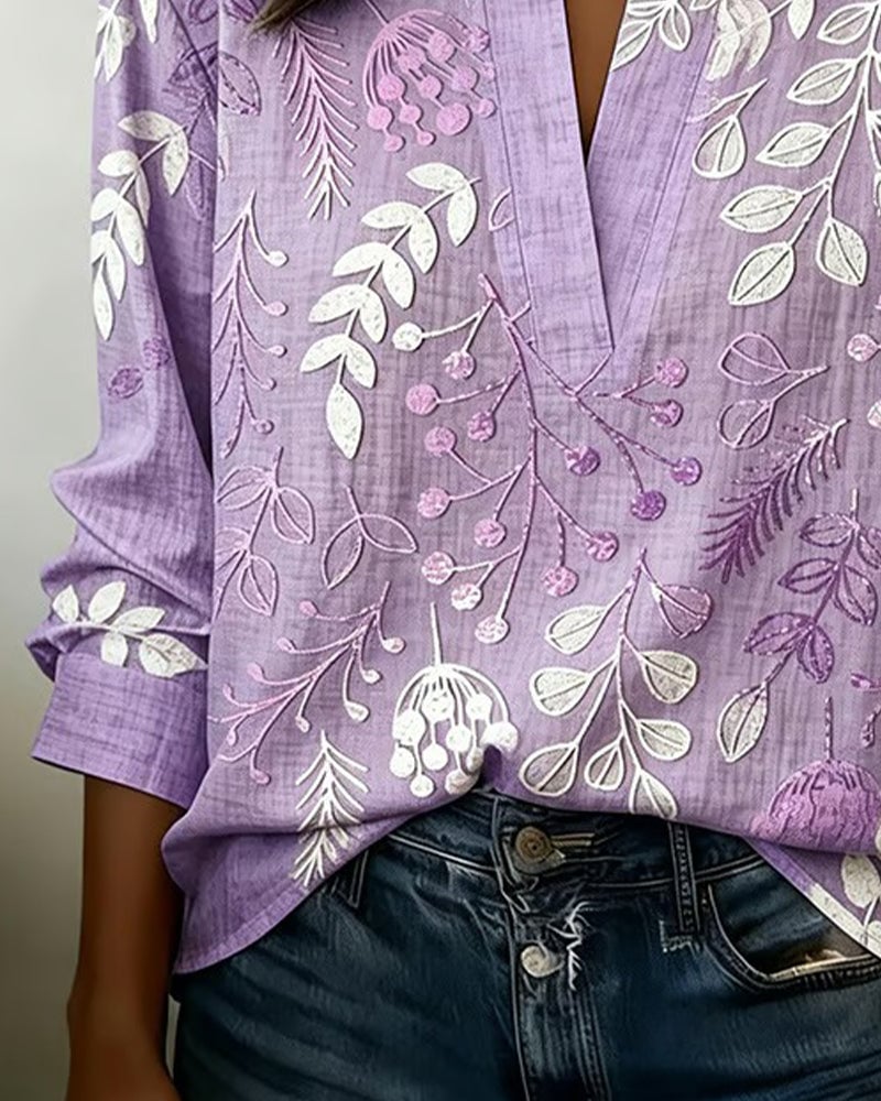 FloraMuse – Elegant Stand-Collar Floral Blouse