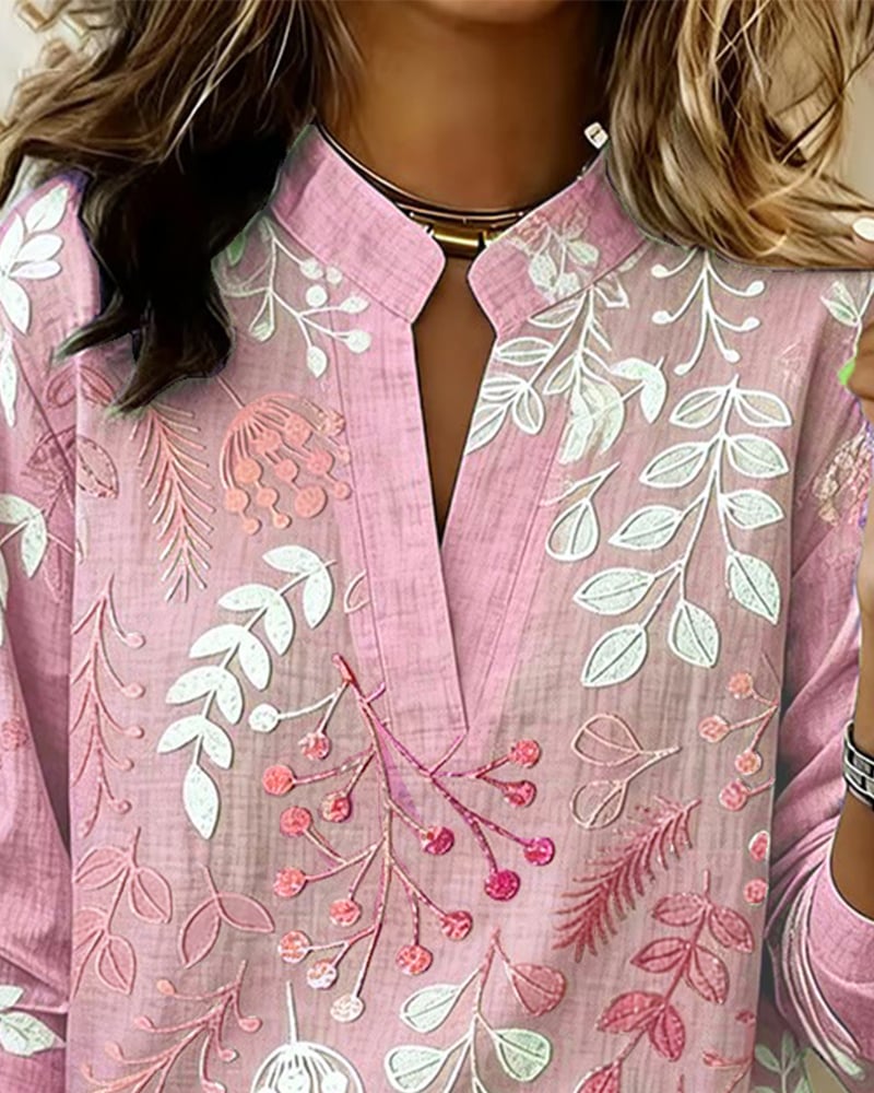 FloraMuse – Elegant Stand-Collar Floral Blouse