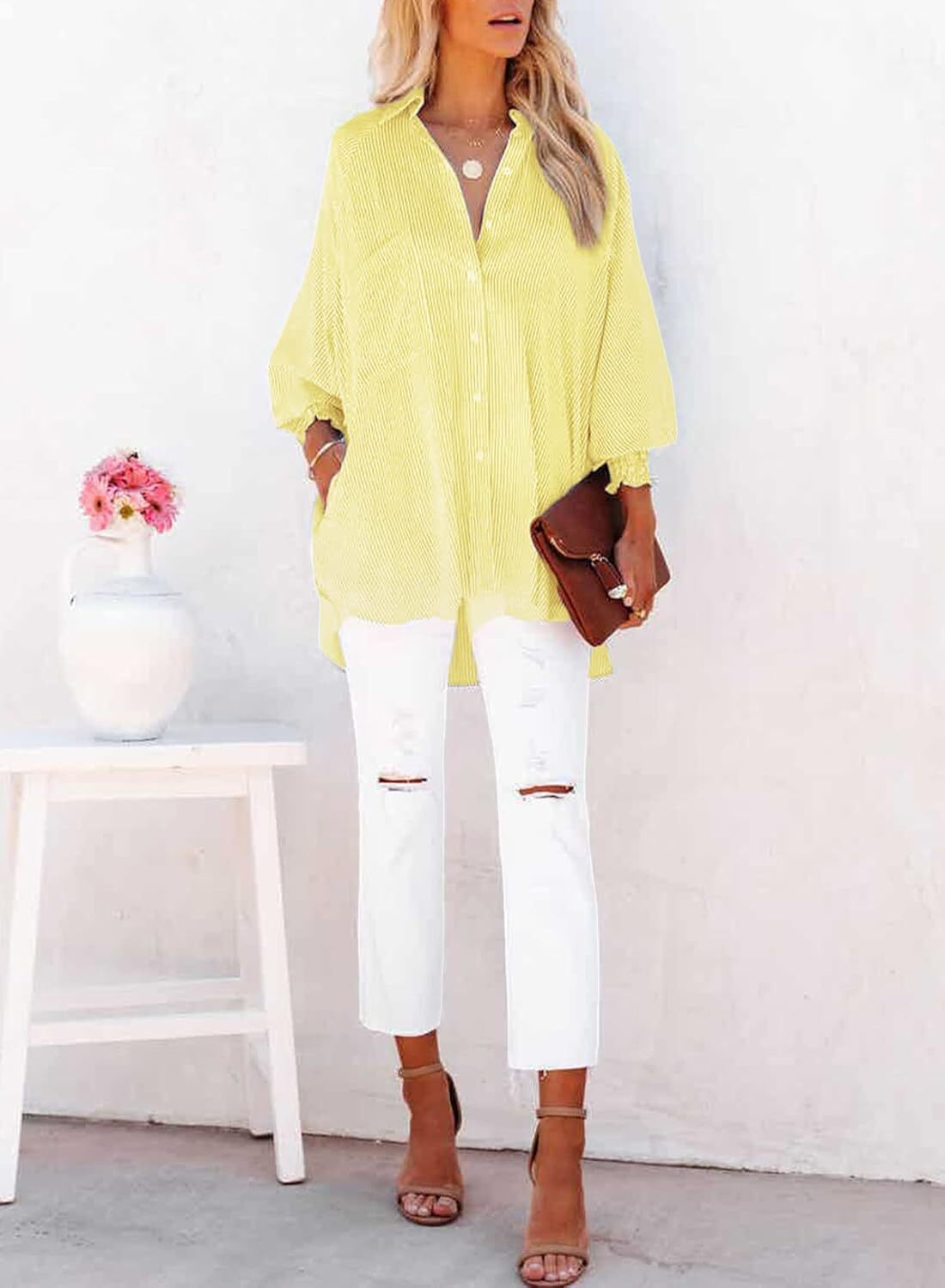 🔥2026 Clearance Item🔥Women's pleated cuffs striped shirt with pockets and casual collar