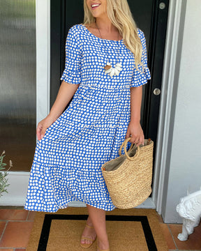 EveCharm – Polka Dot Round Neck Midi Dress