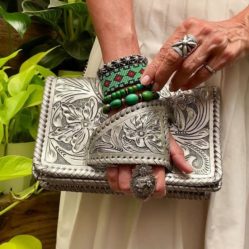 LuxeBlossom – Silver Flower Dance Western Style Clutch