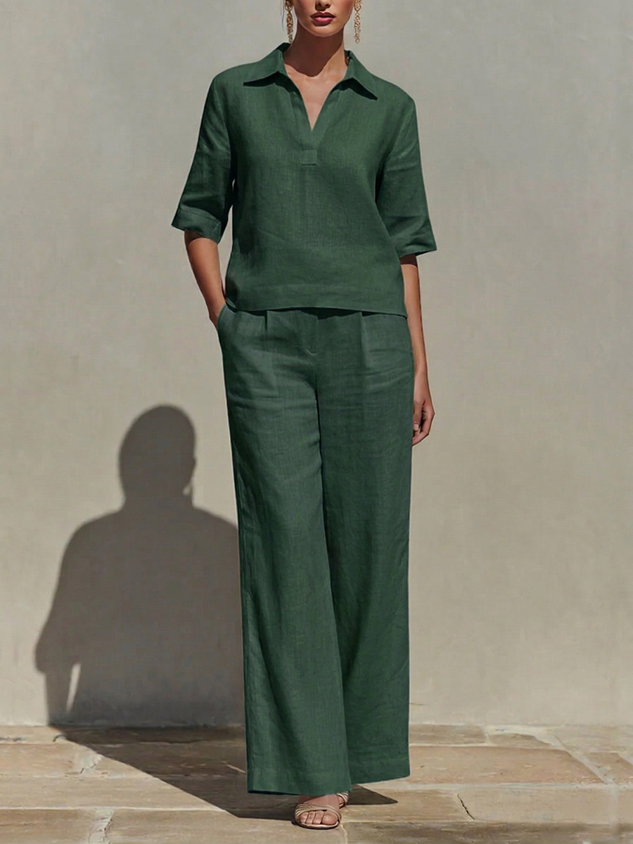 LinenLuxe – Women’s Solid Cotton Linen Two-Piece Set
