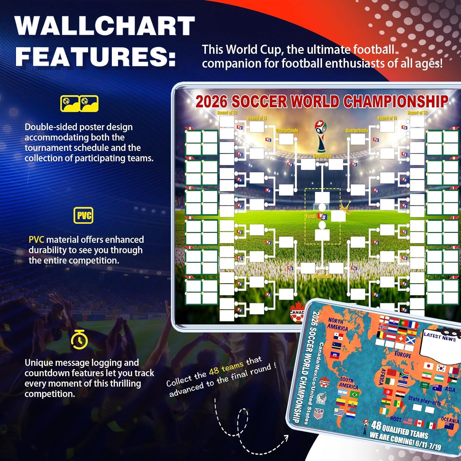 ⚽2026 Soccer The World Cup Schedule Poster & Final Round 48-team Collection Showcase, 2-in-1 Functional Poster
