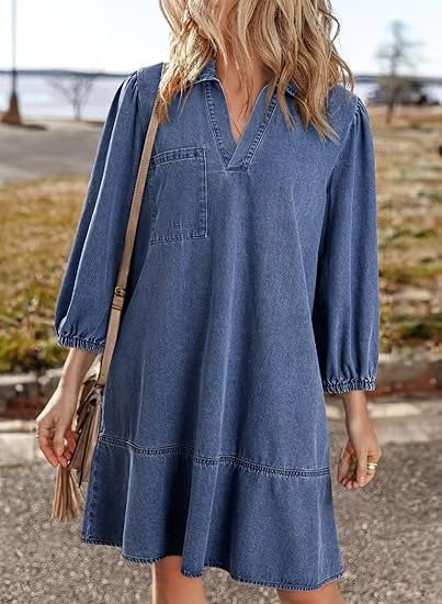 Deniva | Elegant V-Neck Denim Dress