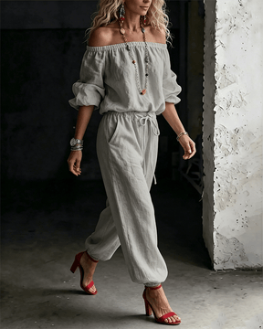 LuxeSilhouette – Off-Shoulder Tie Waist Jumpsuit