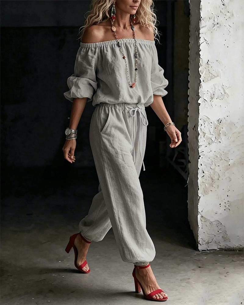 LuxeSilhouette – Off-Shoulder Tie Waist Jumpsuit