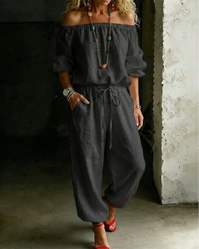 LuxeSilhouette – Off-Shoulder Tie Waist Jumpsuit