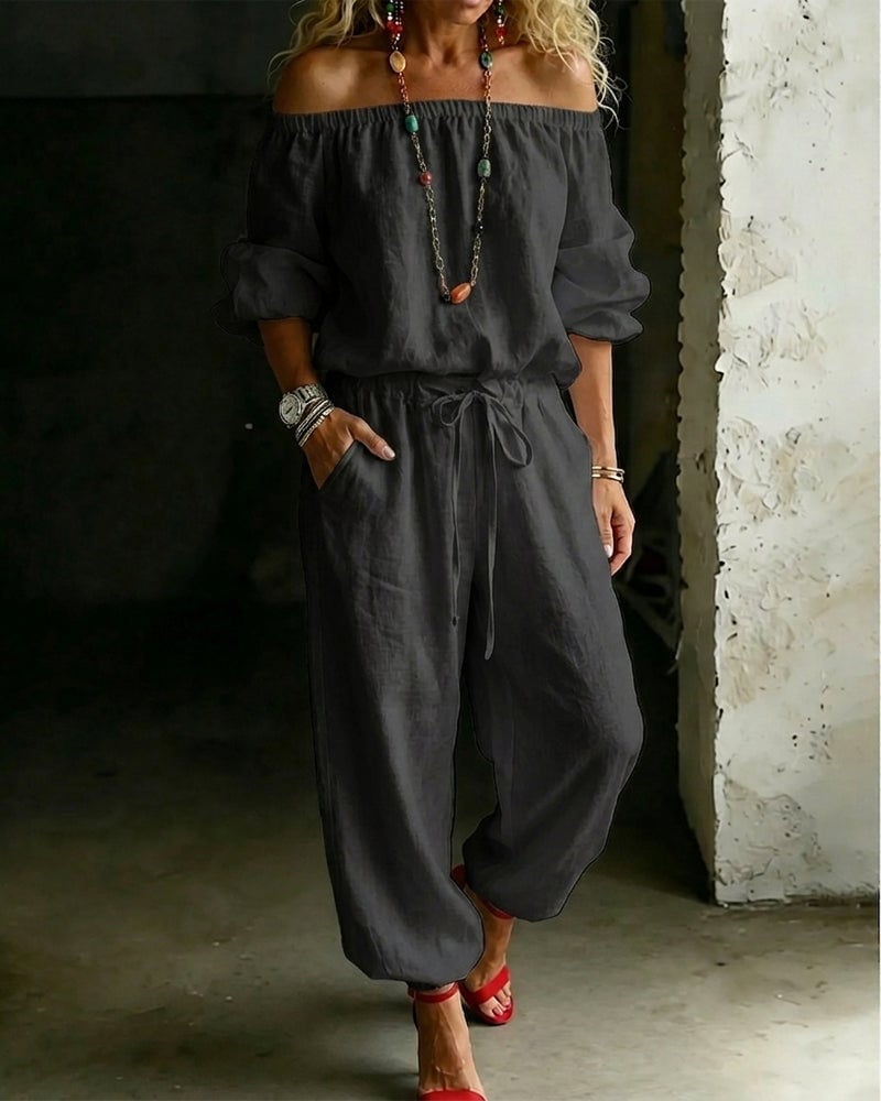 LuxeSilhouette – Off-Shoulder Tie Waist Jumpsuit