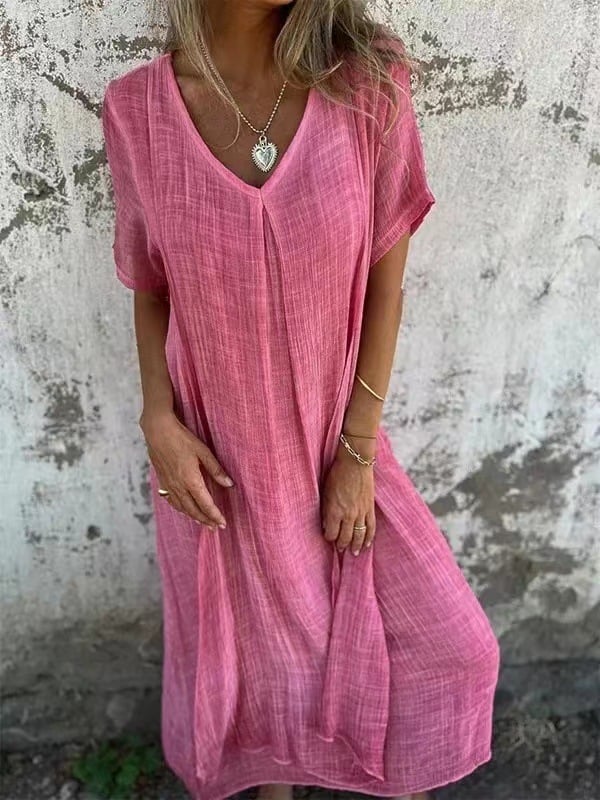 WearEase – Cotton and Linen V-neck Midi Dress