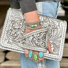 LuxeBlossom – Silver Flower Dance Western Style Clutch