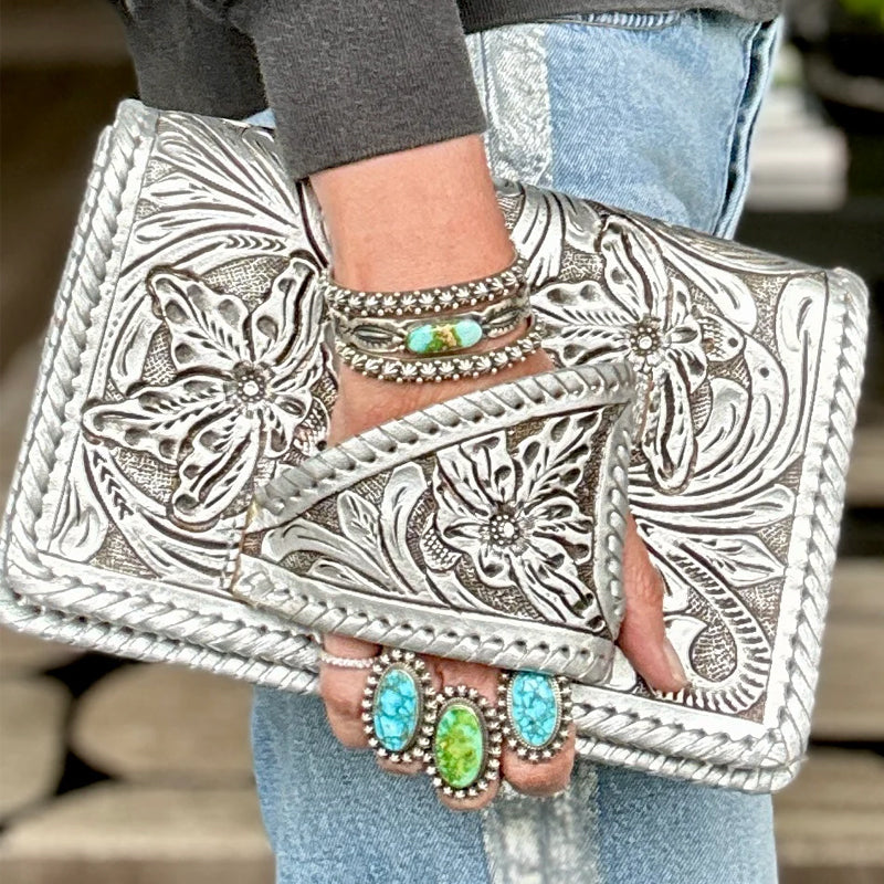 LuxeBlossom – Silver Flower Dance Western Style Clutch