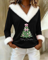FrostLuxe – Large Fur Collar Christmas Print Top