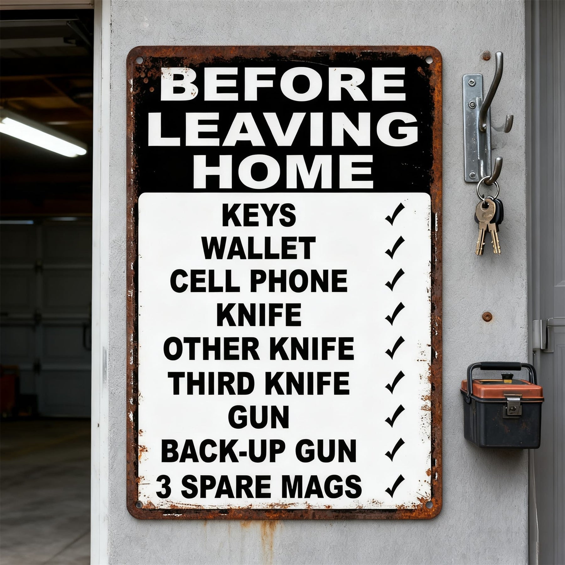 HomeHype – Funny “Before Leaving Home” Metal Sign