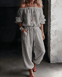 LuxeSilhouette – Off-Shoulder Tie Waist Jumpsuit