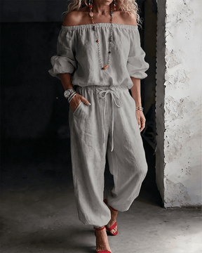 LuxeSilhouette – Off-Shoulder Tie Waist Jumpsuit
