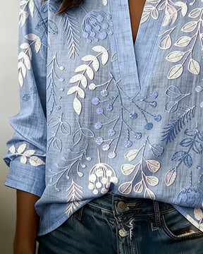 FloraMuse – Elegant Stand-Collar Floral Blouse