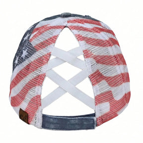 VistaCap – Multi-Level Criss-Cross American Flag Trucker Hat
