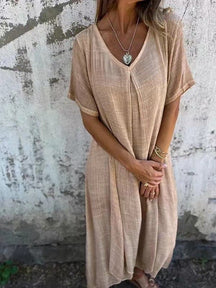 WearEase – Cotton and Linen V-neck Midi Dress