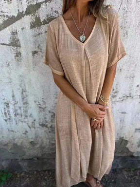 WearEase – Cotton and Linen V-neck Midi Dress