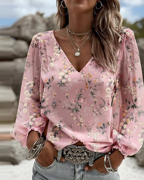 LunaPuff Chic – V-Neck Casual Blouse