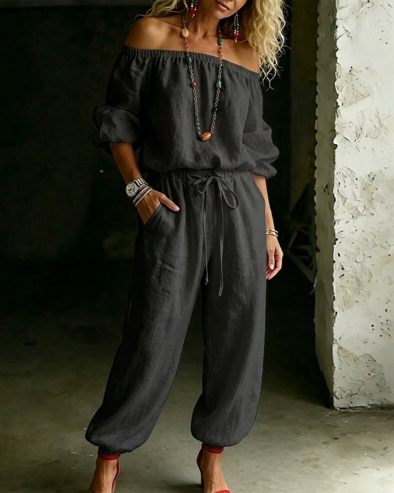 LuxeSilhouette – Off-Shoulder Tie Waist Jumpsuit
