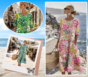 AquaBloom - Watercolor Midi Dress with Hidden Pockets