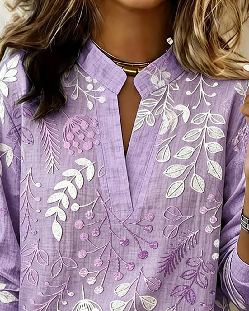 FloraMuse – Elegant Stand-Collar Floral Blouse