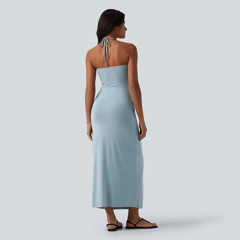 HalterTie – Elegant Back Maxi Dress with Pockets