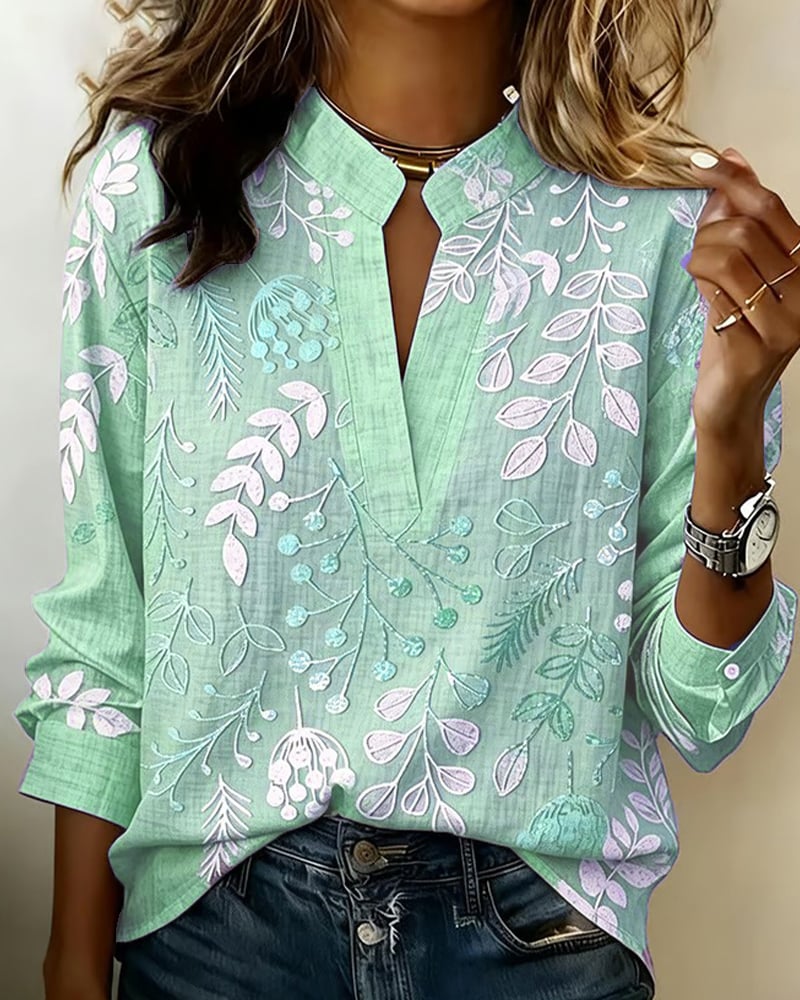 FloraMuse – Elegant Stand-Collar Floral Blouse